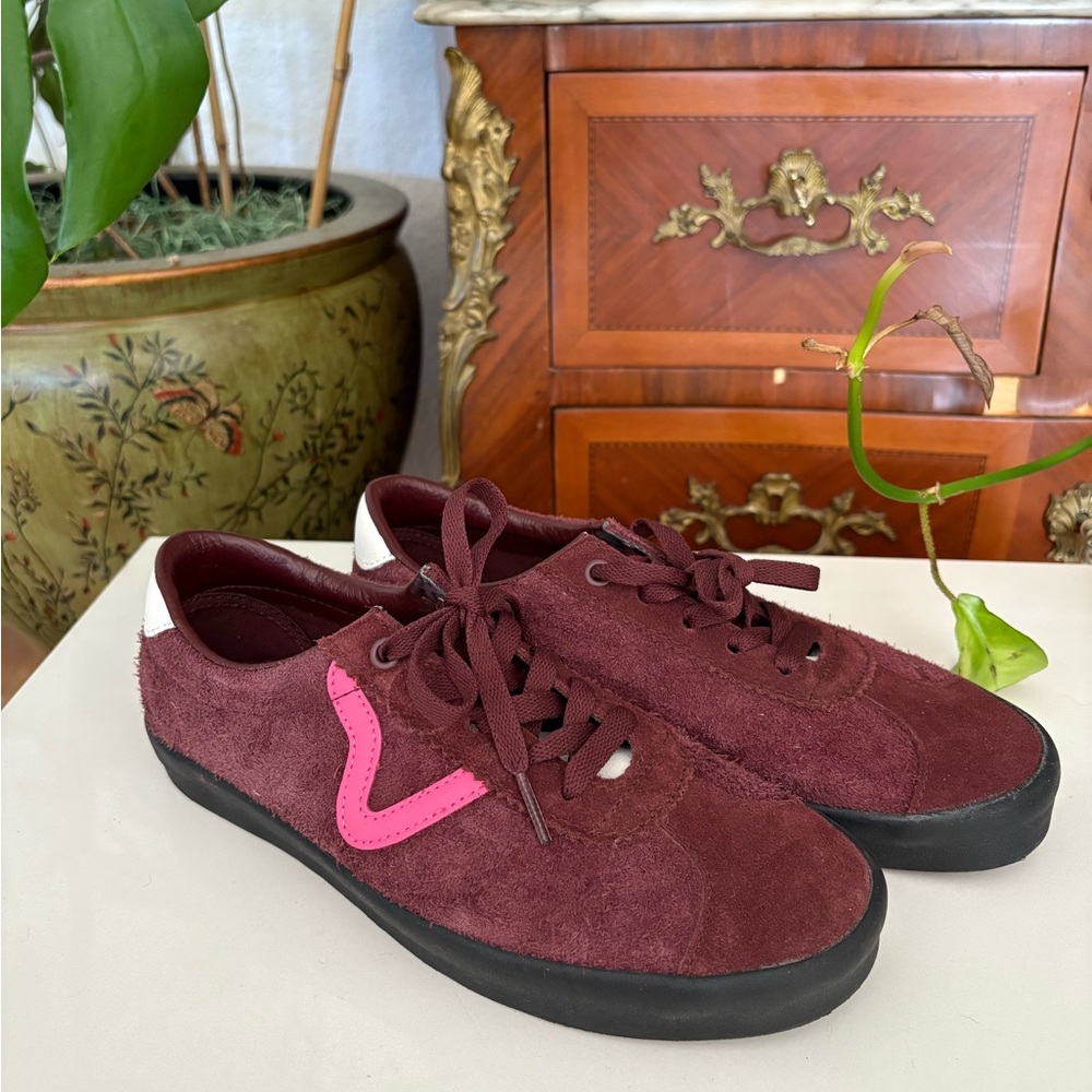 Burgundy Suede Sneakers with Pink Accent – Women’s Size 9